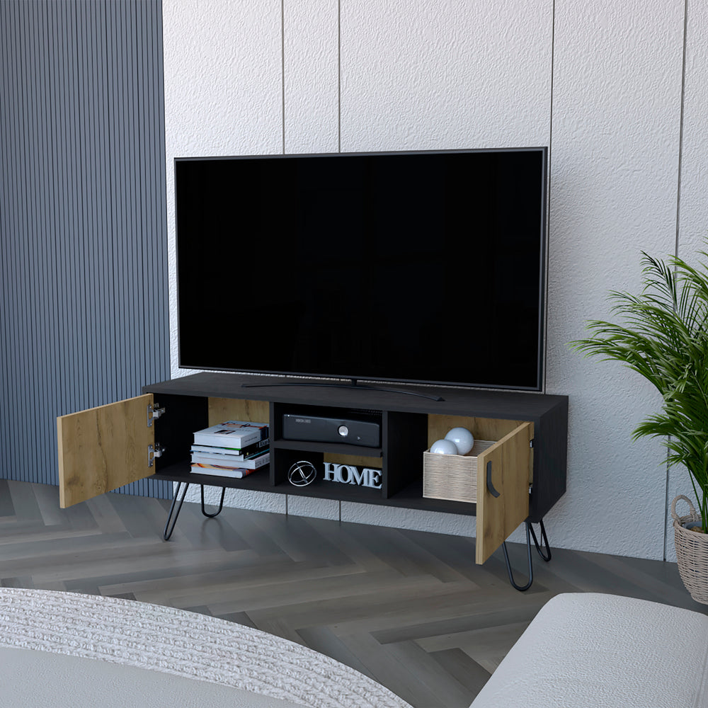 Black modern TV stand with blonde wood doors and metal hairpin legs
