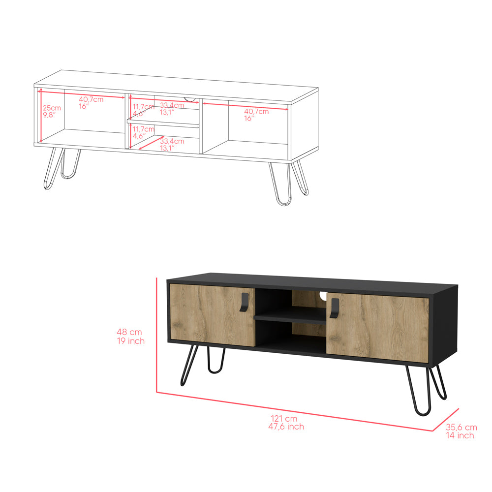 Modern black TV stand with woodeffect doors and hairpin legs for living room storage