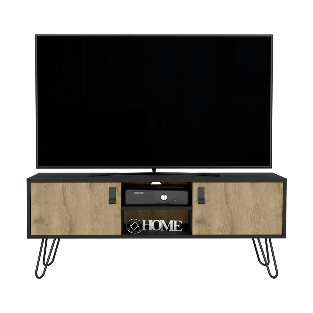 Modern wood grain TV stand with black hairpin legs and sliding doors