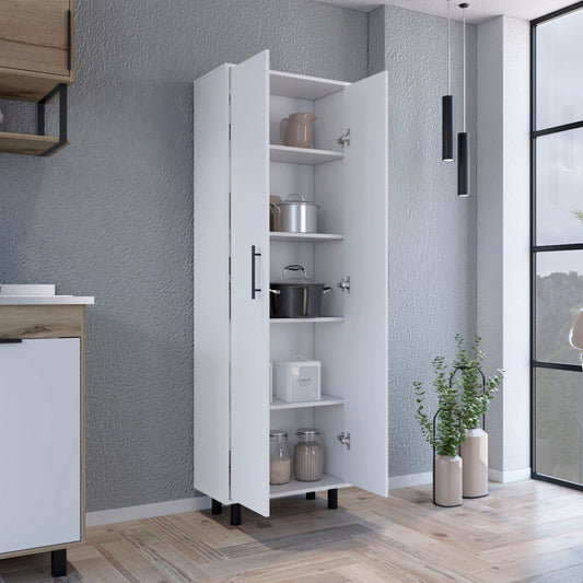 Tall white pantry cabinet with open doors revealing kitchen storage shelves