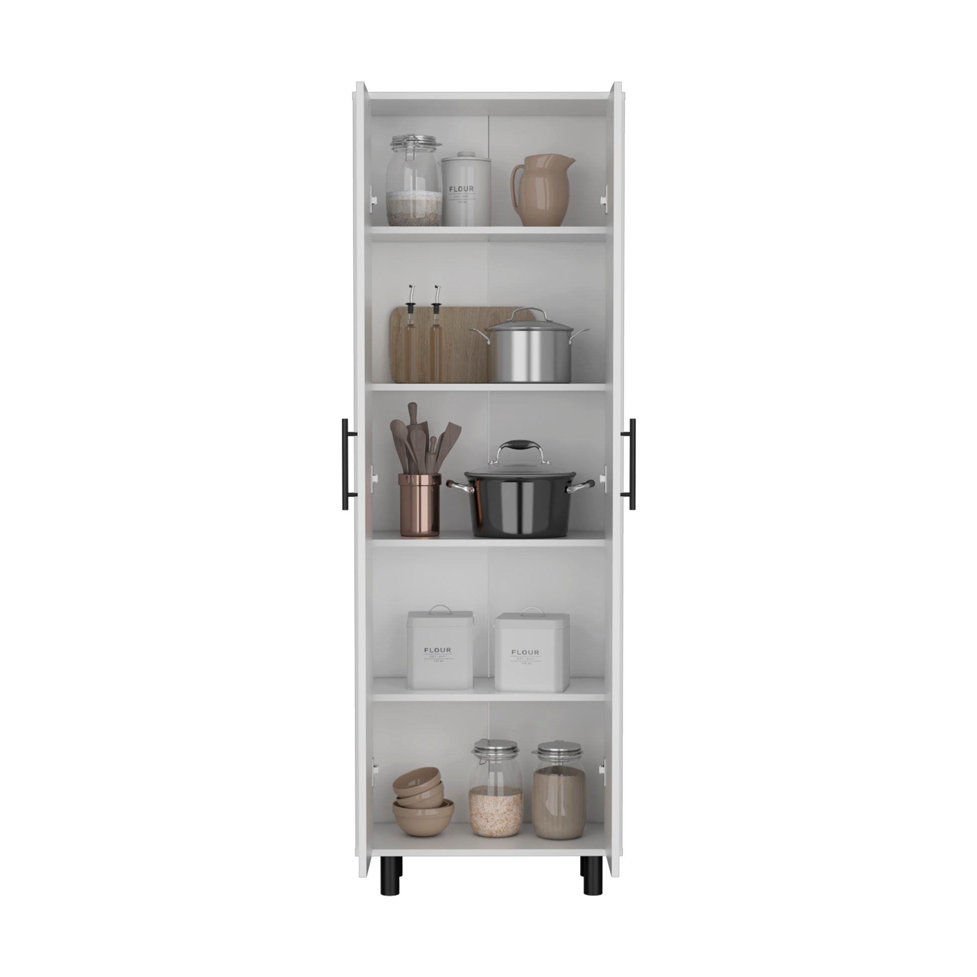White pantry cabinet with glass jars canisters and cookware displayed inside