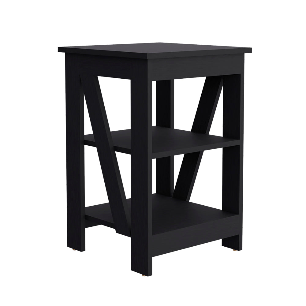 Black wooden side table with two shelves and a modern Xbrace design perfect for a living room