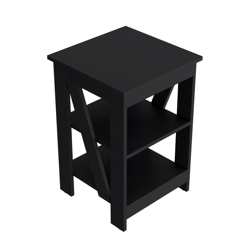Black wooden end table with two shelves and Xshaped supports