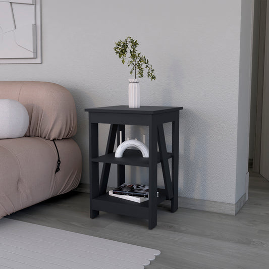 Charcoal gray wooden end table with two open shelves a modern design