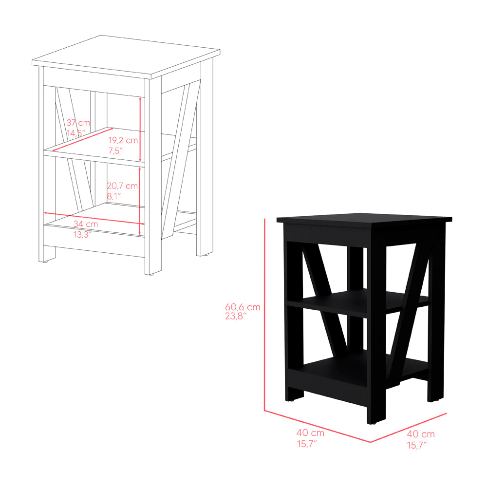 Black wooden accent table with two shelves and Xframe sides