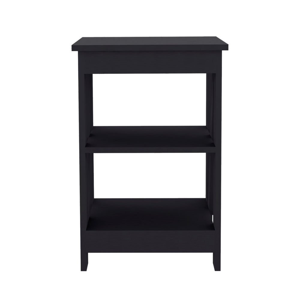 Black threetier shelf unit with clean lines and open sides perfect for display
