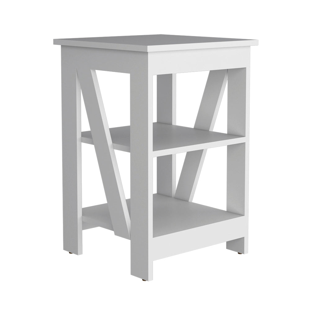 White modern twotier bookshelf with angular supports and clean lines