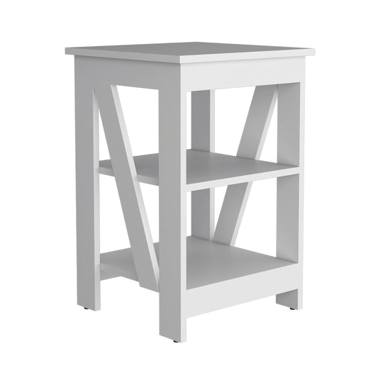 White modern twotier bookshelf with angular supports and clean lines