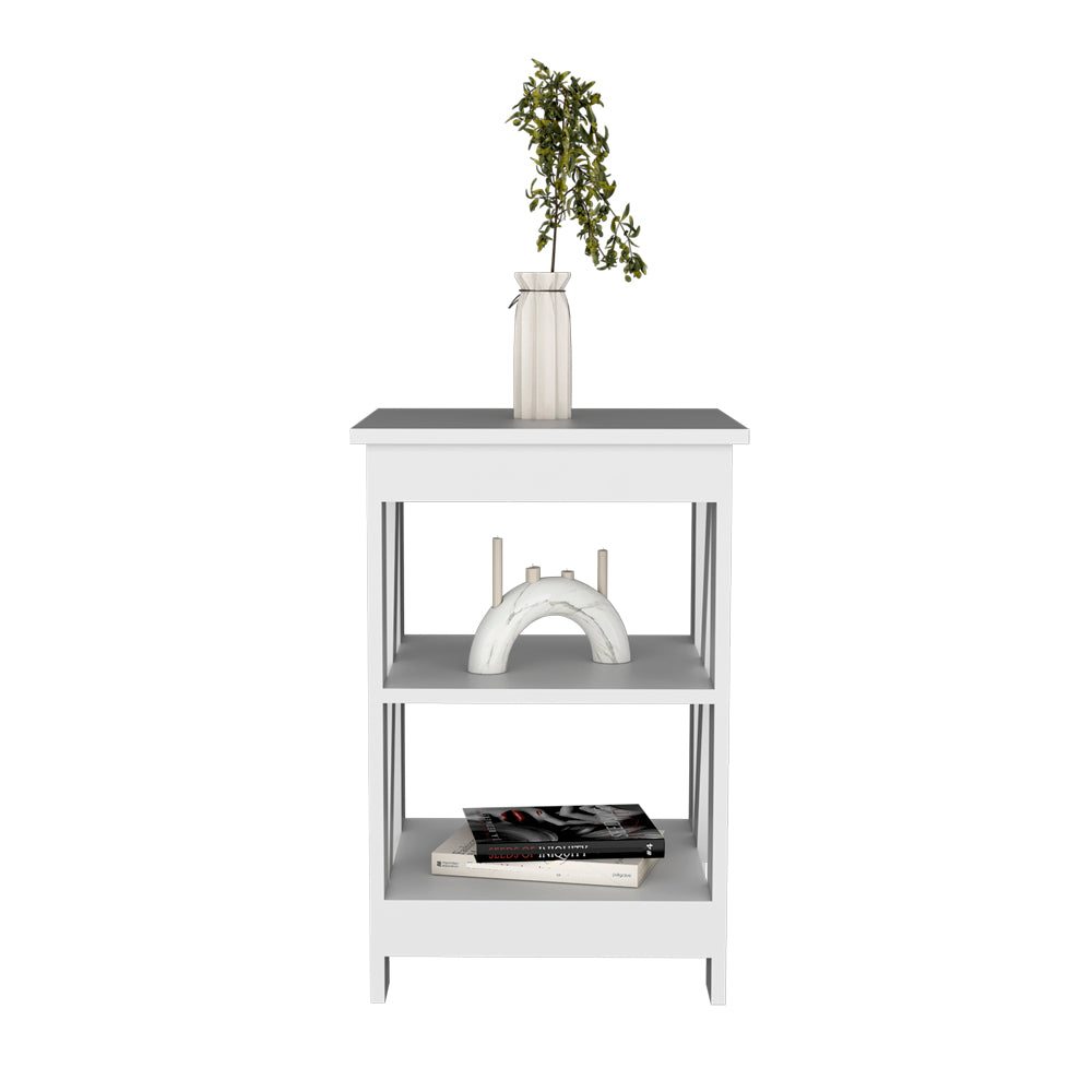 White modern side table with three shelves and decorative items