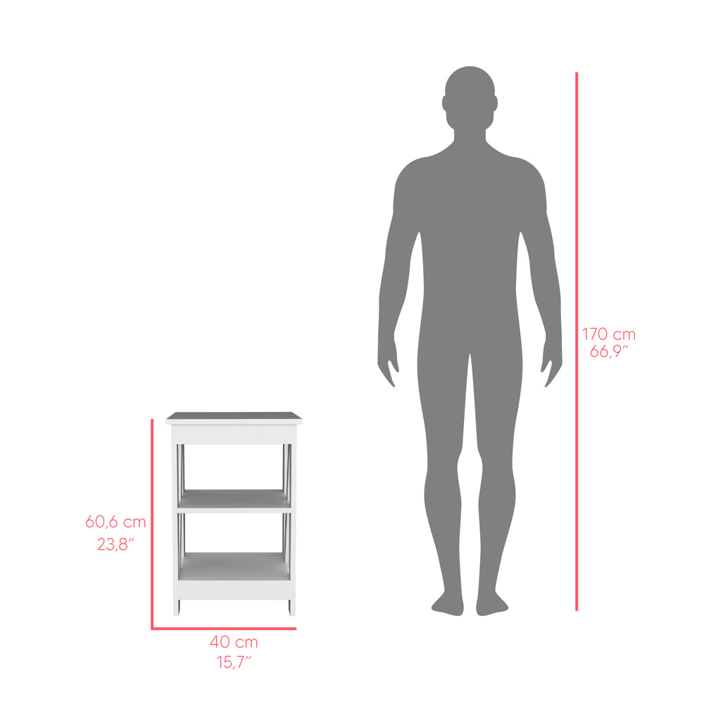 Compact white threetier shelving unit shown with human height scale for size comparison