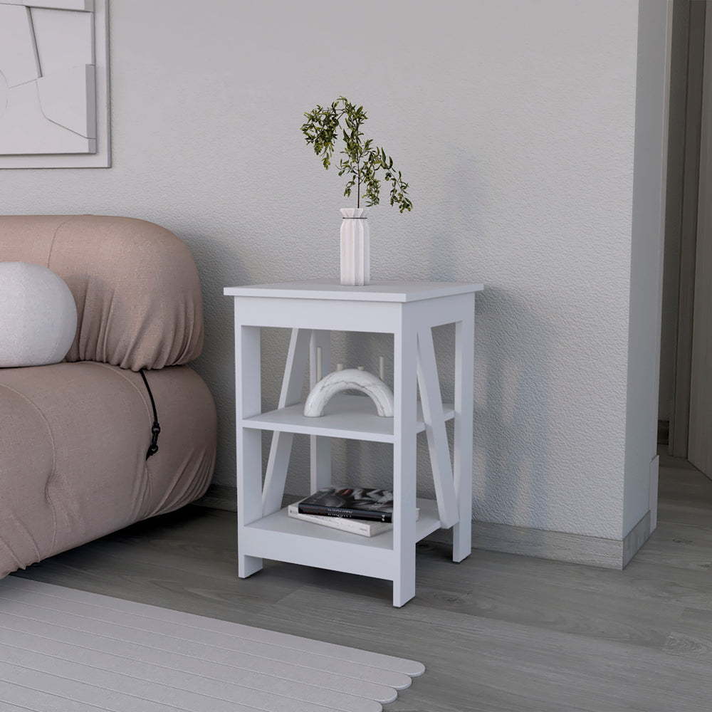 White wooden step stool end table with two shelves decorative accents