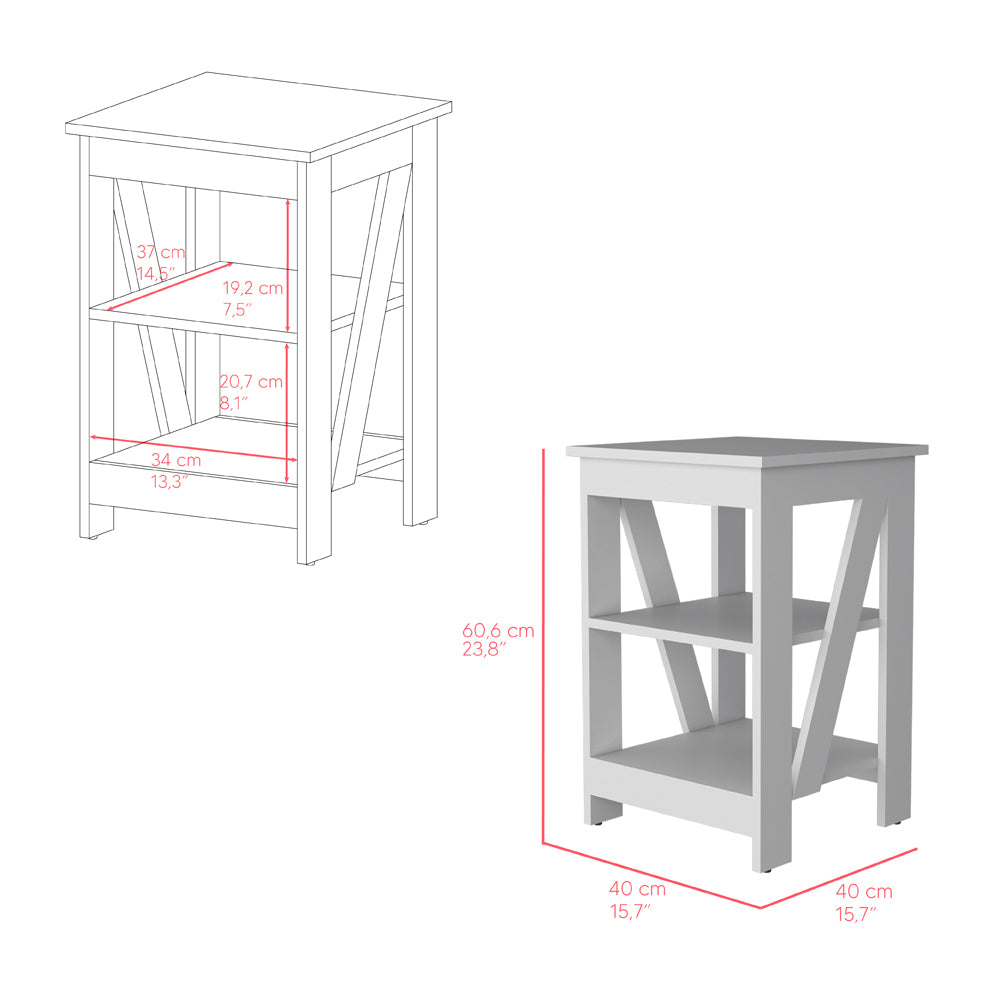White Xframe end table with two open shelves cm width