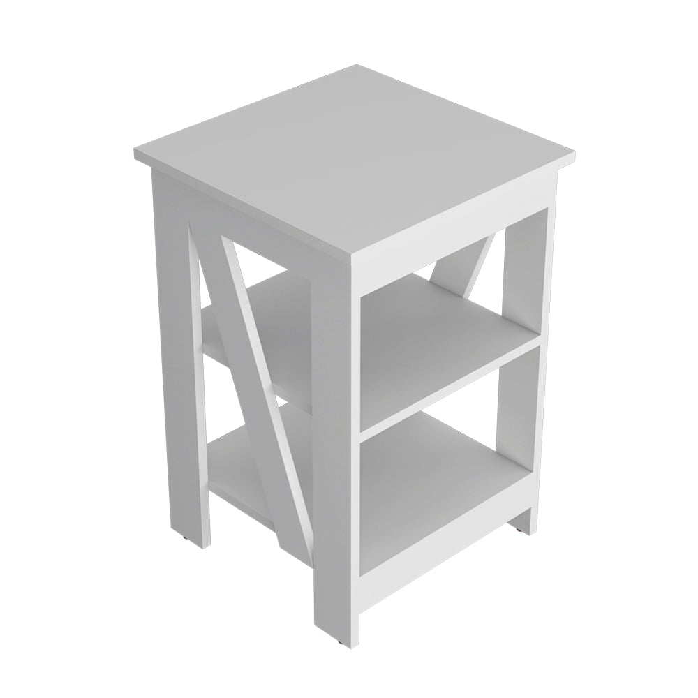 White farmhouse end table with two open shelves and a slatted design on the sides
