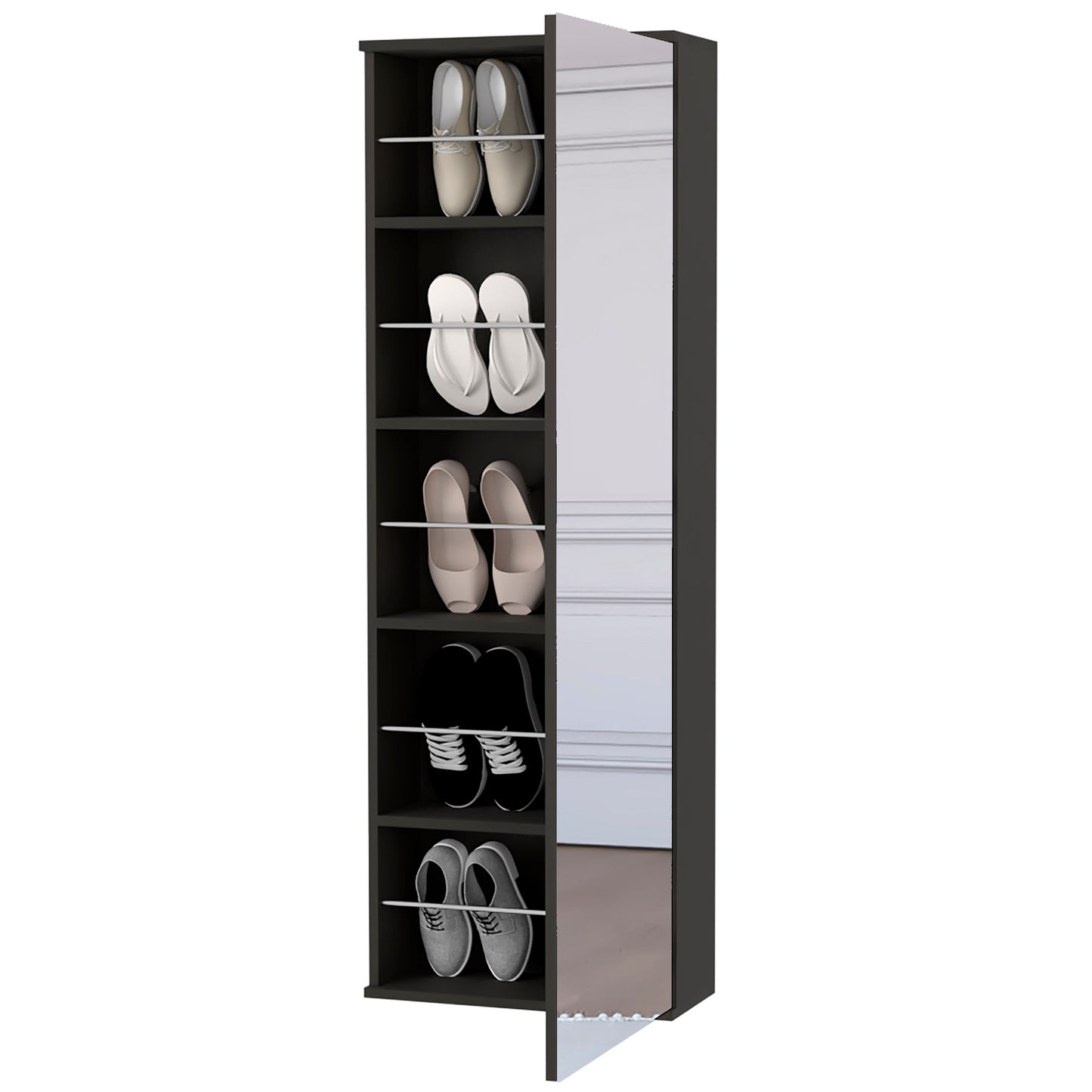 Tall dark brown shoe rack with shelves holding tan oxford shoes white flipflops beige heels black sneakers and grey casual shoes