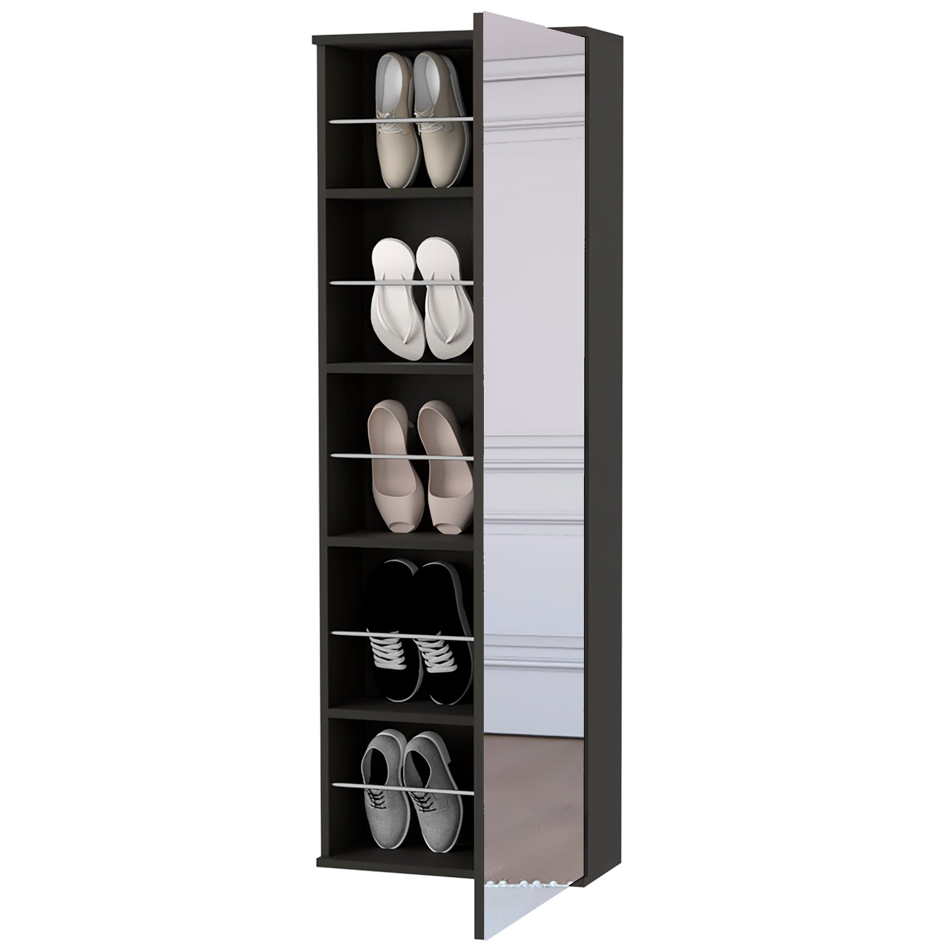 Tall dark brown shoe rack with shelves holding tan oxford shoes white flipflops beige heels black sneakers and grey casual shoes
