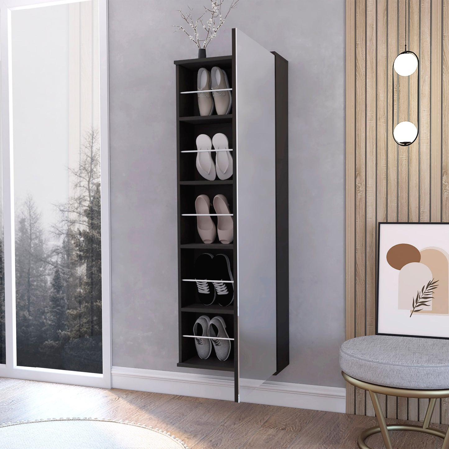 Tall narrow dark brown shoe cabinet with mirrored door and  shelves holding various shoes