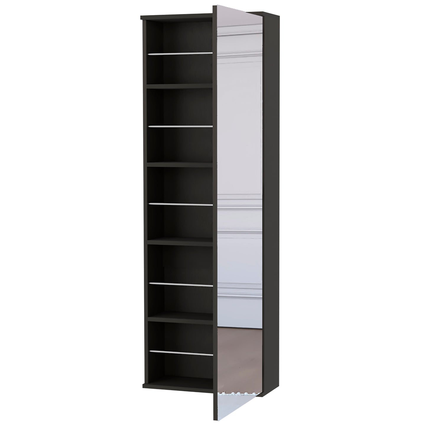 Tall narrow dark grey shelving unit with a mirrored door for modern storage solutions