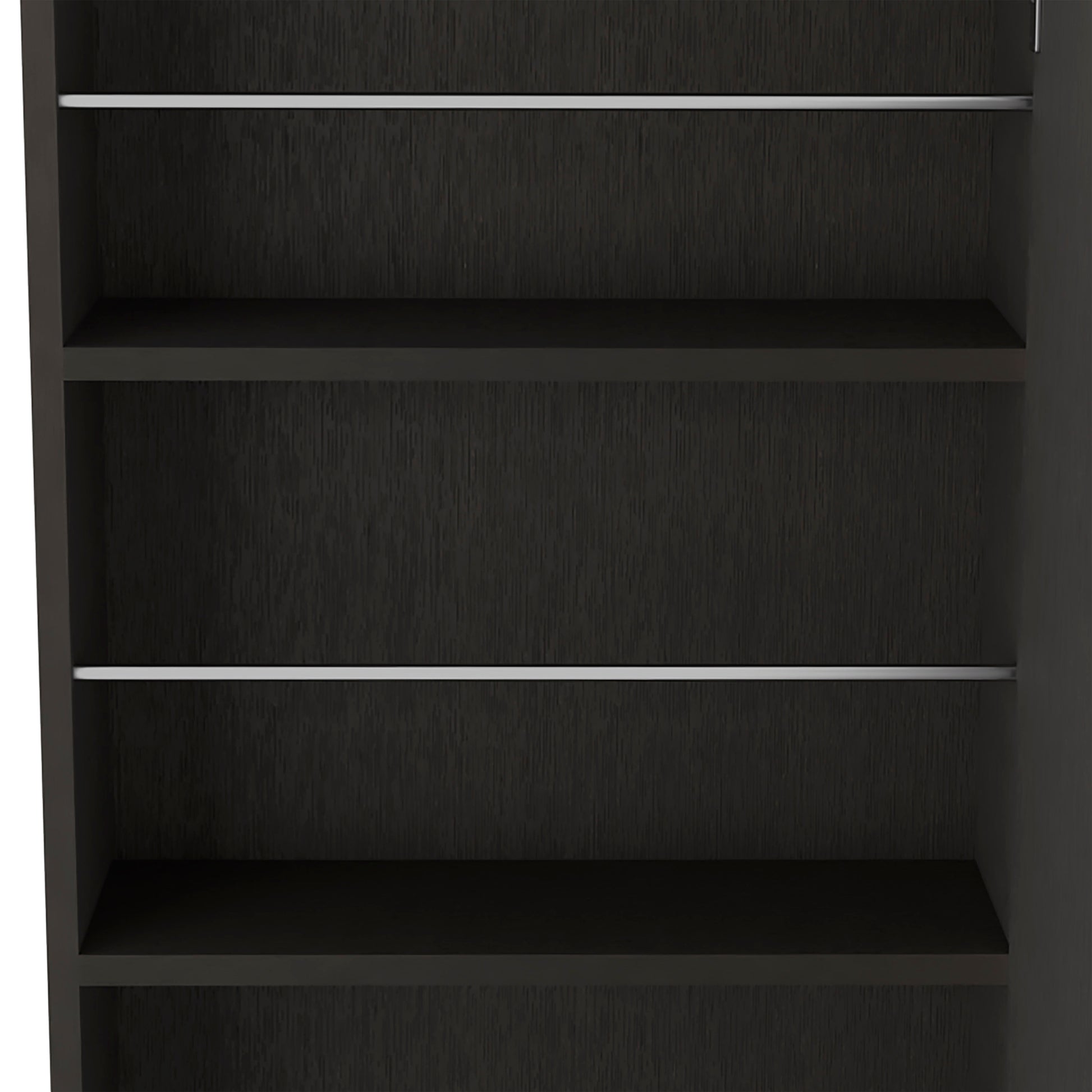Dark wood bookshelf with three open shelves and silver trim