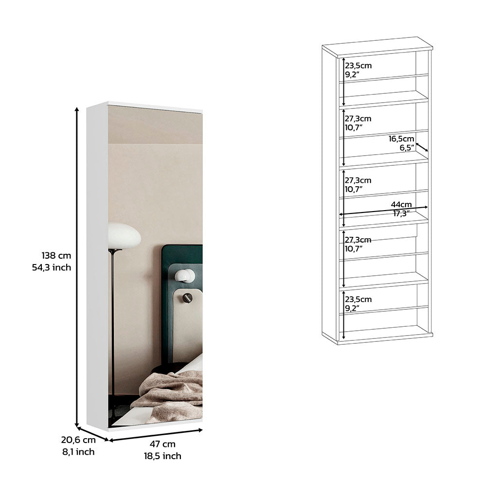 Tall narrow white bookshelf with six shelves  cm height