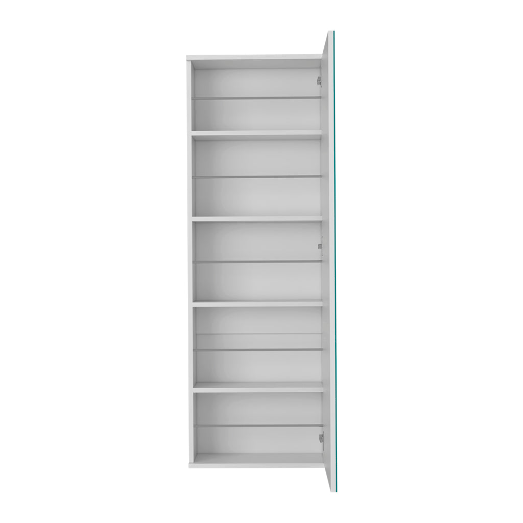 White tall storage cabinet with multiple open shelves and a single door ideal for home organization