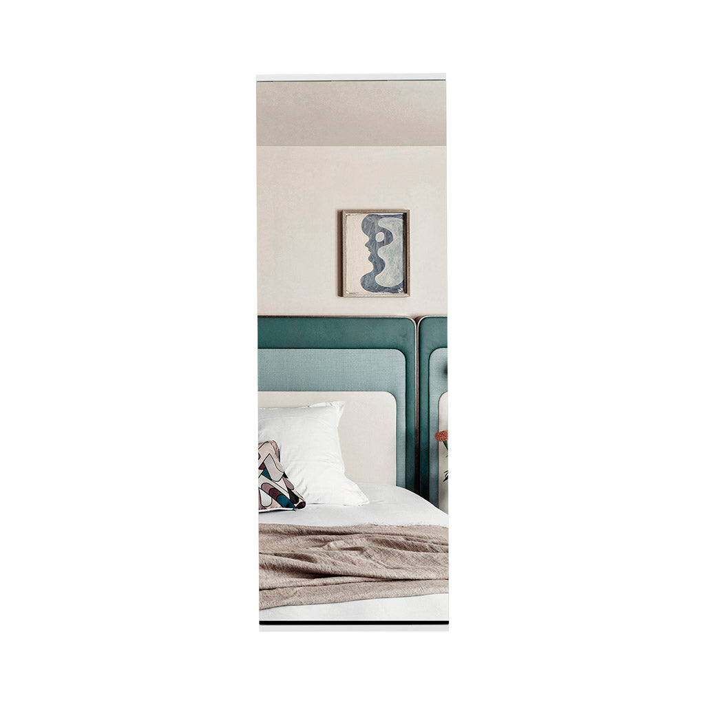 Modern upholstered headboard with teal and beige fabric panels