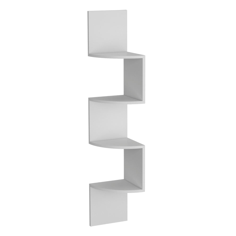 White modern zigzag corner shelf unit with four tiers