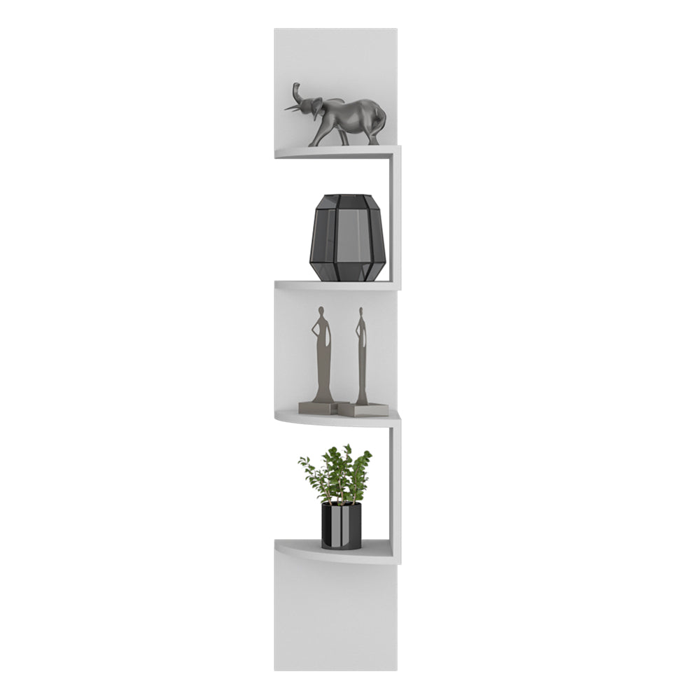 White Lshaped corner shelf displaying a silver elephant figurine