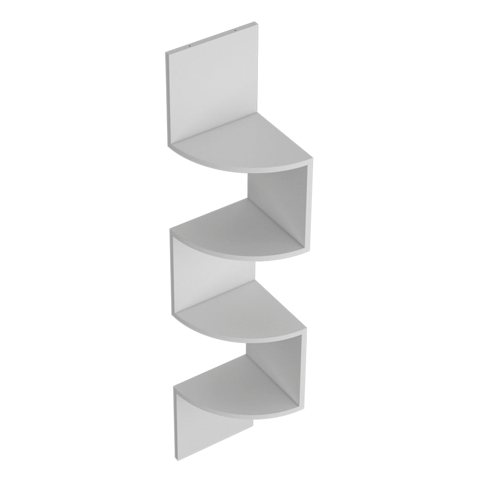 White fourtier corner shelf unit with a modern minimalist design
