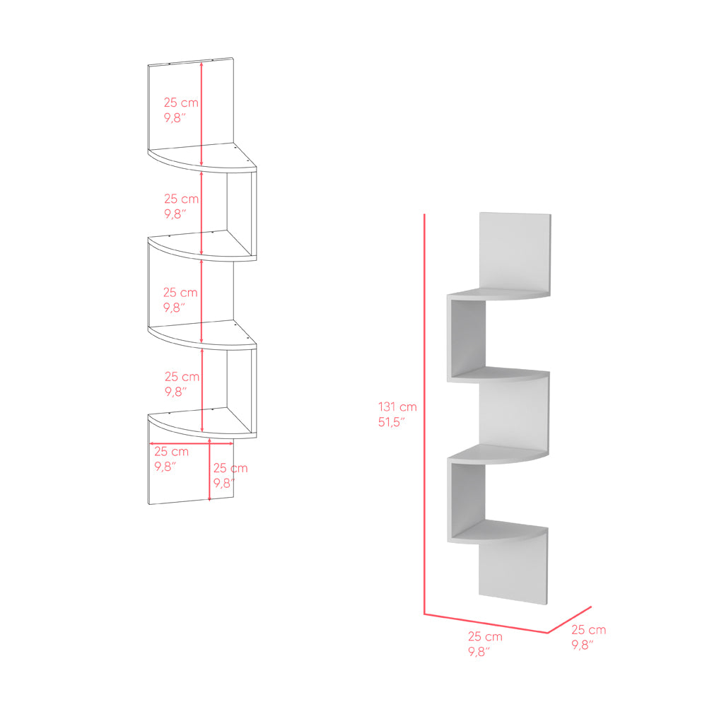White corner shelf unit with five staggered tiers  cm depth for modern display