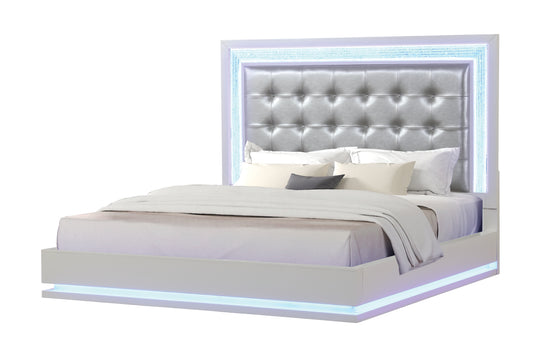 Modern white platform bed with tufted silver headboard and LED lights