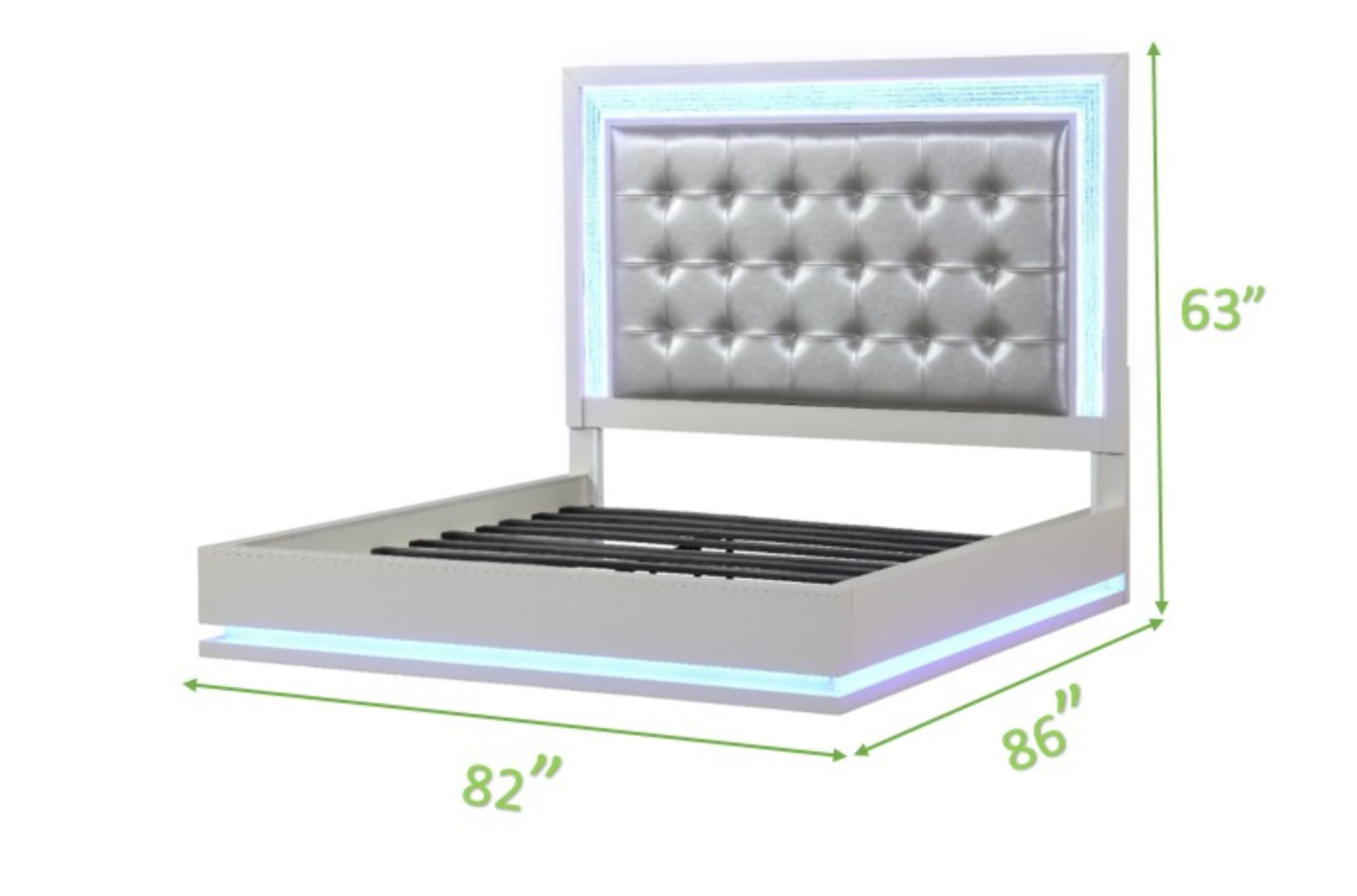White tufted LED bed frame with silver upholstery and LED lighting