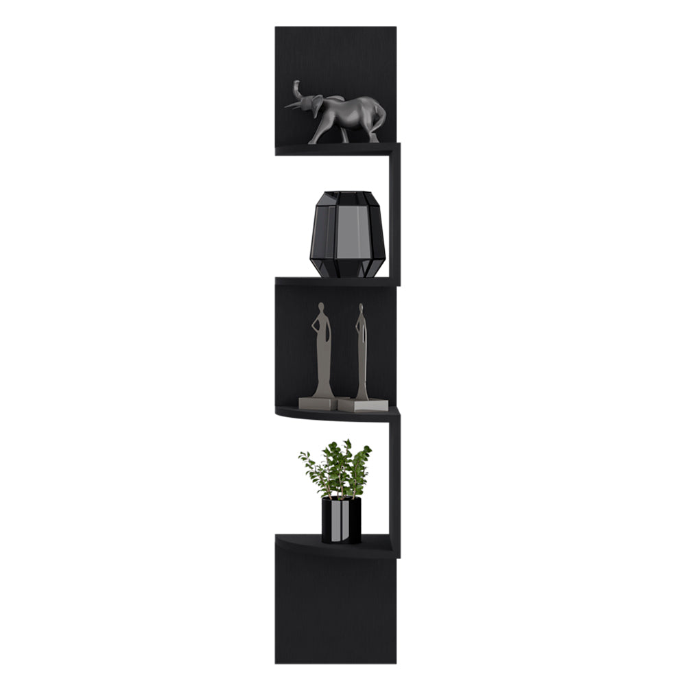 Black modern corner shelf with elephant sculpture geometric vase and plant decor