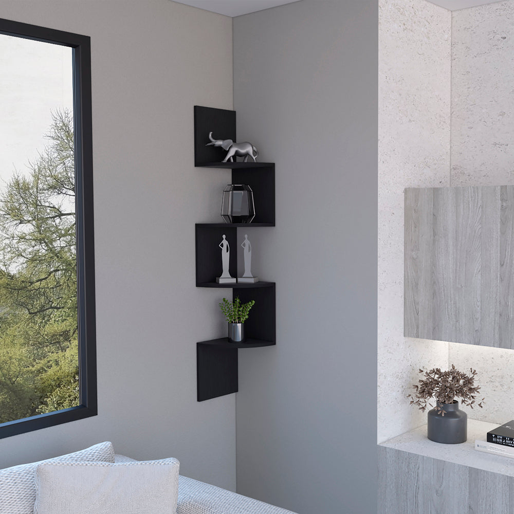 Black corner shelf unit with modern zigzag design for stylish storage