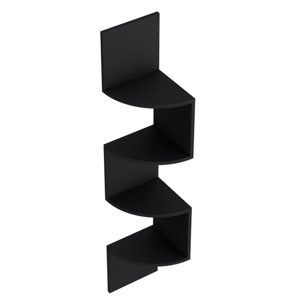 Black wooden corner shelf unit with four staggered tiers for stylish home organization