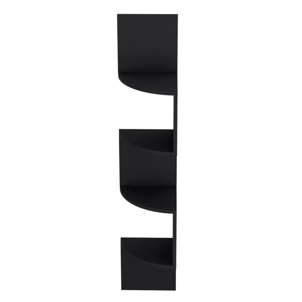 Black floating wall shelf with four staggered shelves