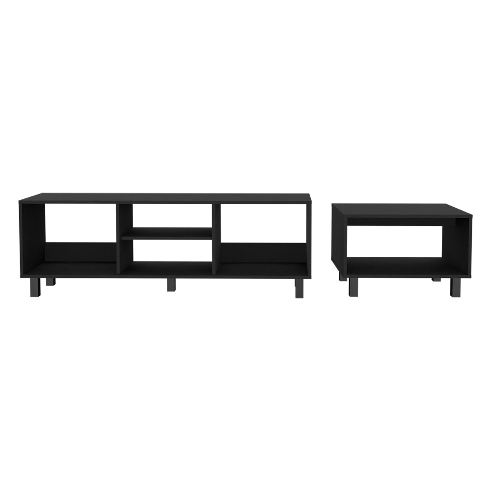 Modern black media console with open shelving and matching side table