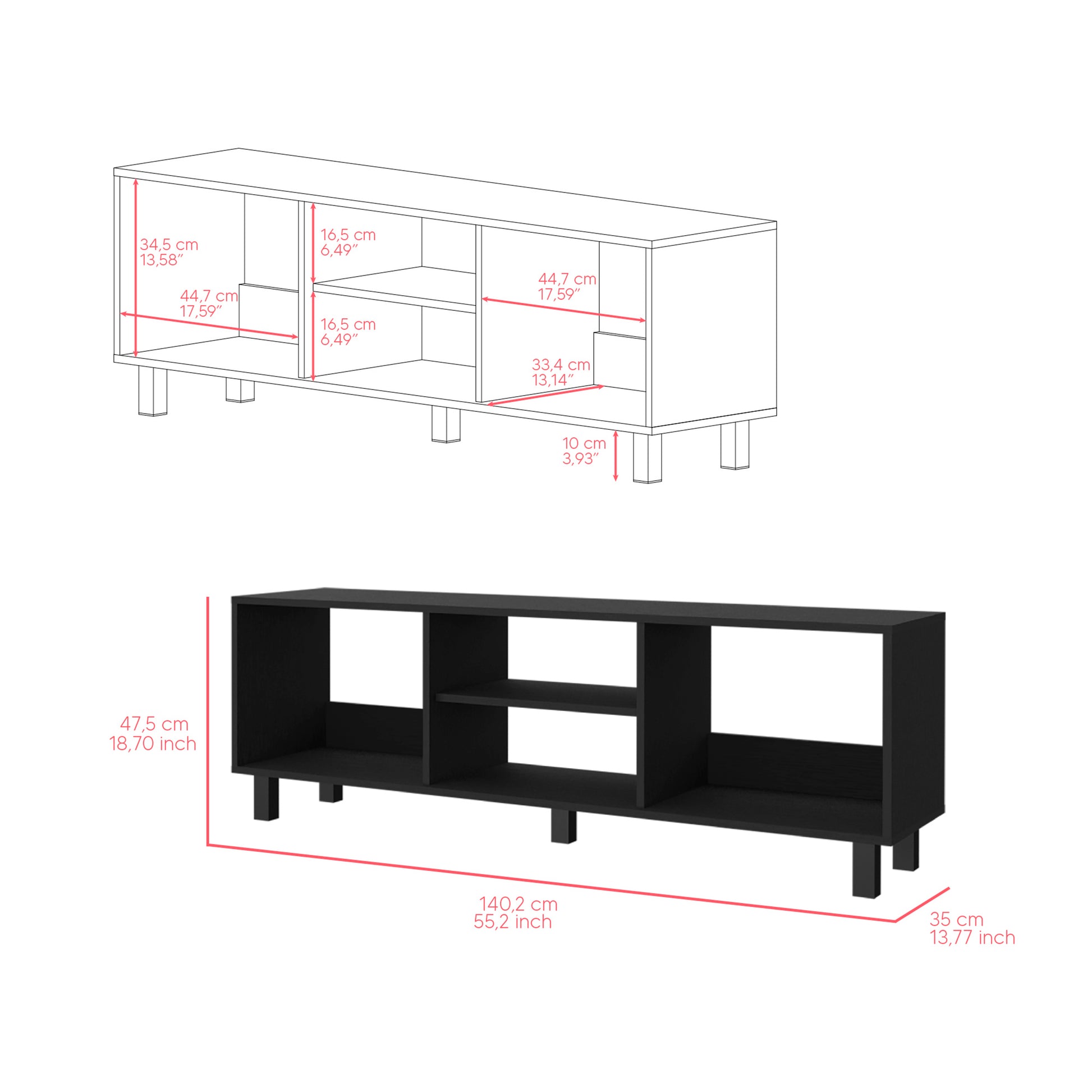 Black modern media console with open shelves and angled legs cm wide