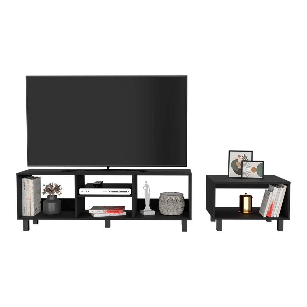 Black modern TV stand with a large television media console and decorative items