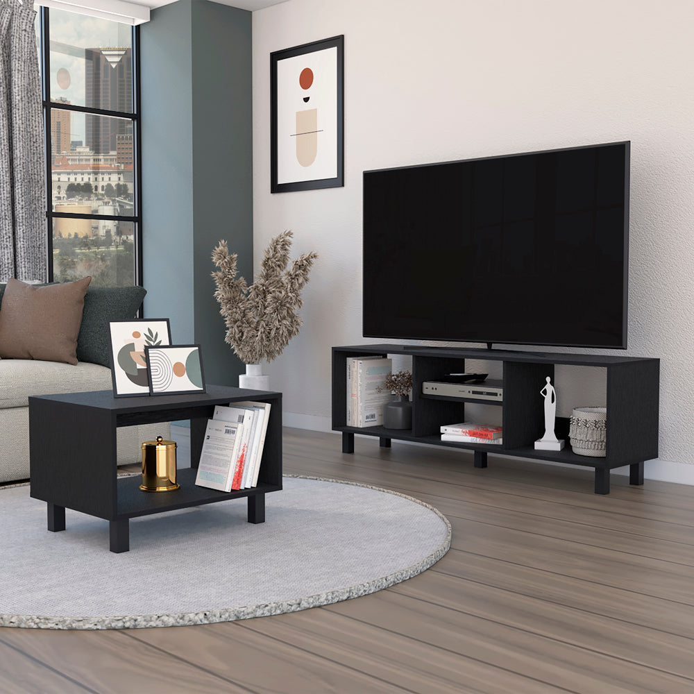 Modern black coffee table with storage shelves and metallic gold accent