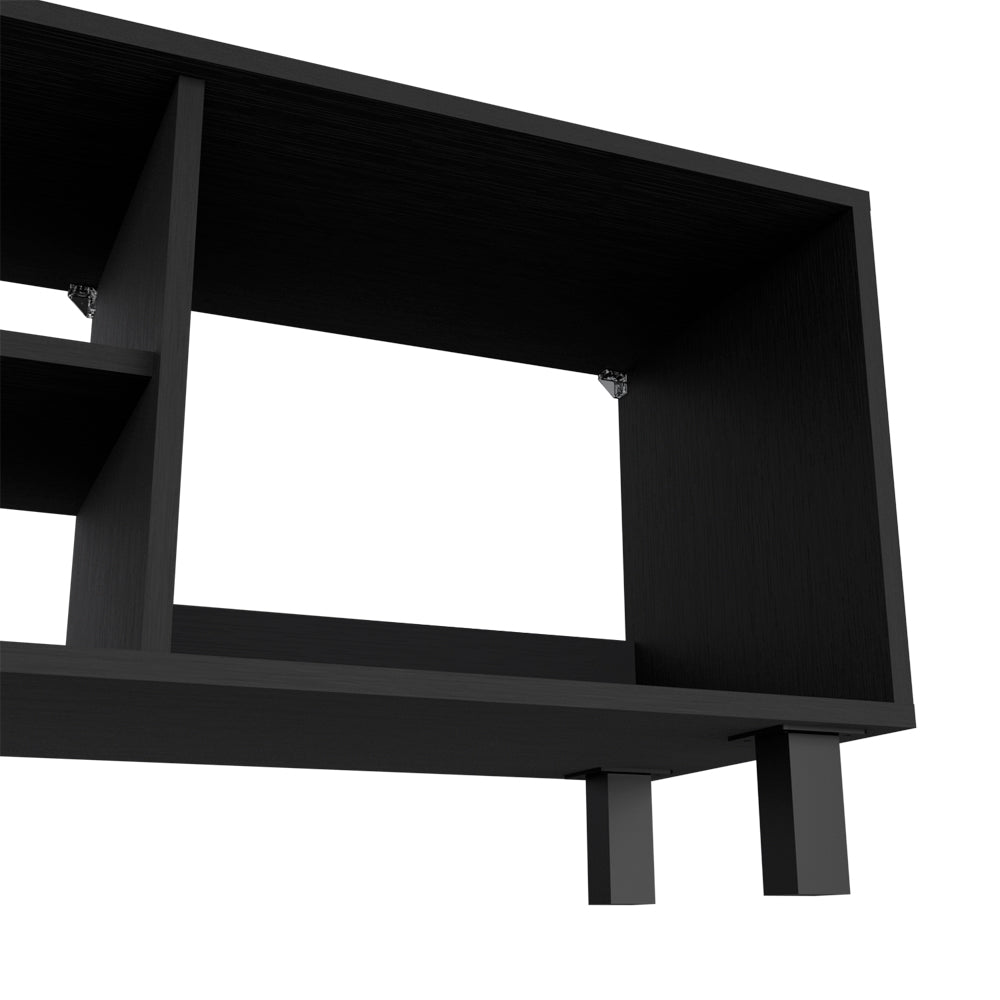 Modern black TV stand with open shelving and wood grain texture
