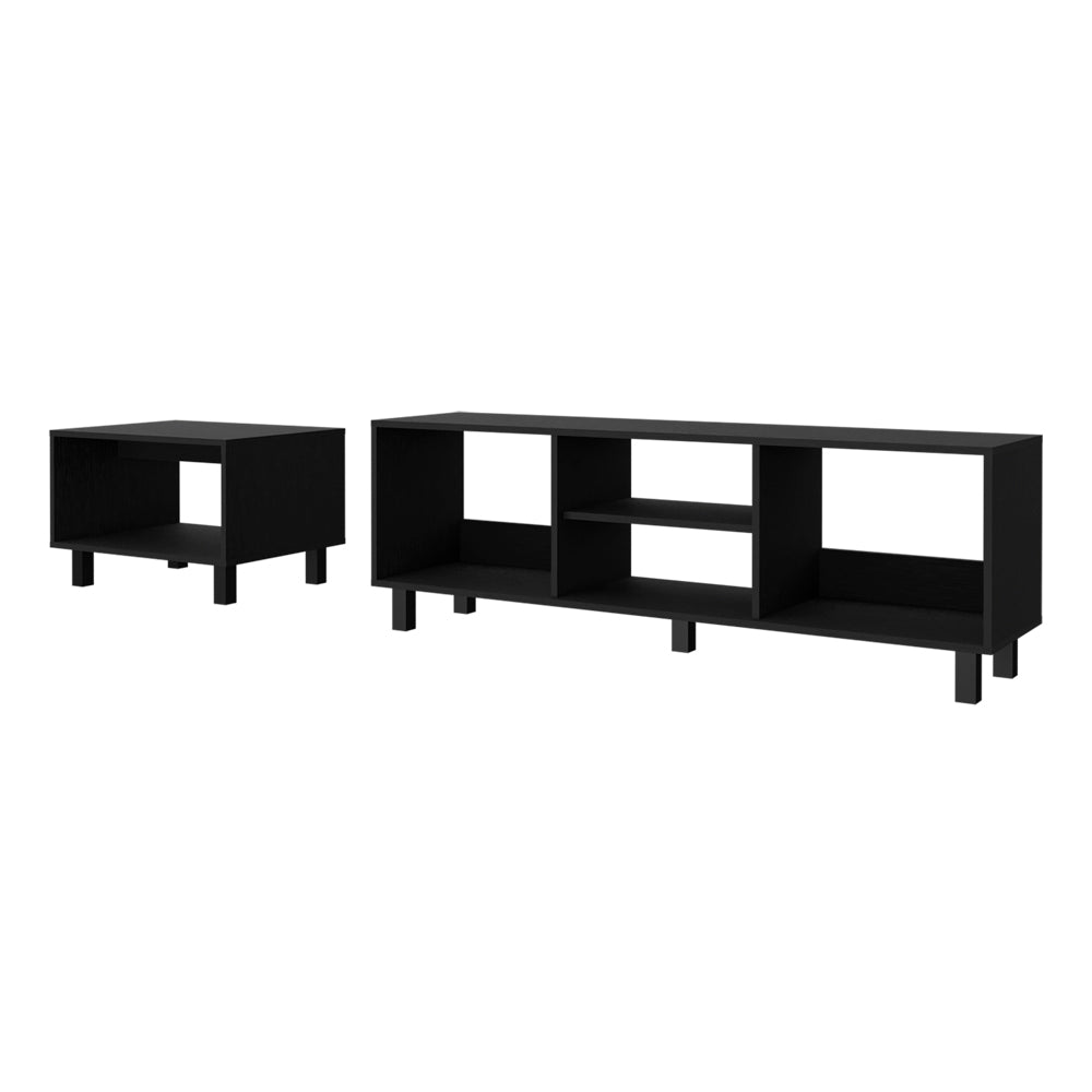 Black modern media console with open shelves and minimalist design