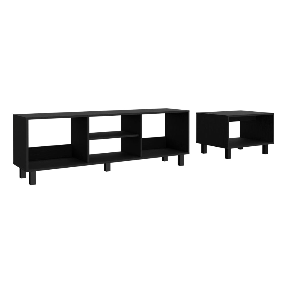 Black media console with multiple open shelves and black legs