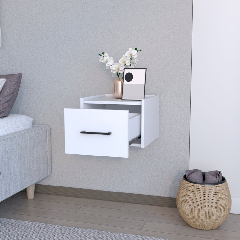 White wallmounted nightstand with open drawer and black handle