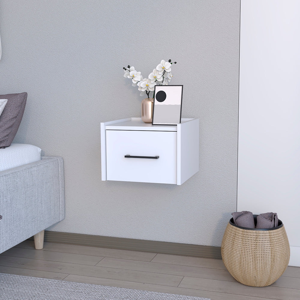 Modern white wallmounted nightstand with a single drawer and black handle
