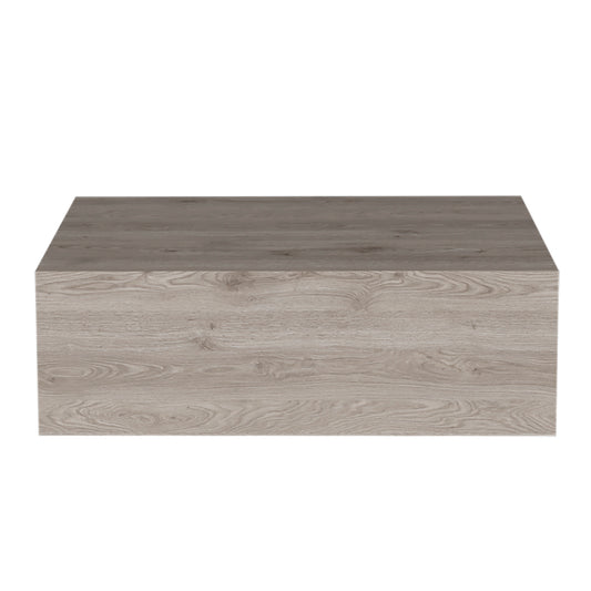 Minimalist gray wood floating shelf with realistic grain texture