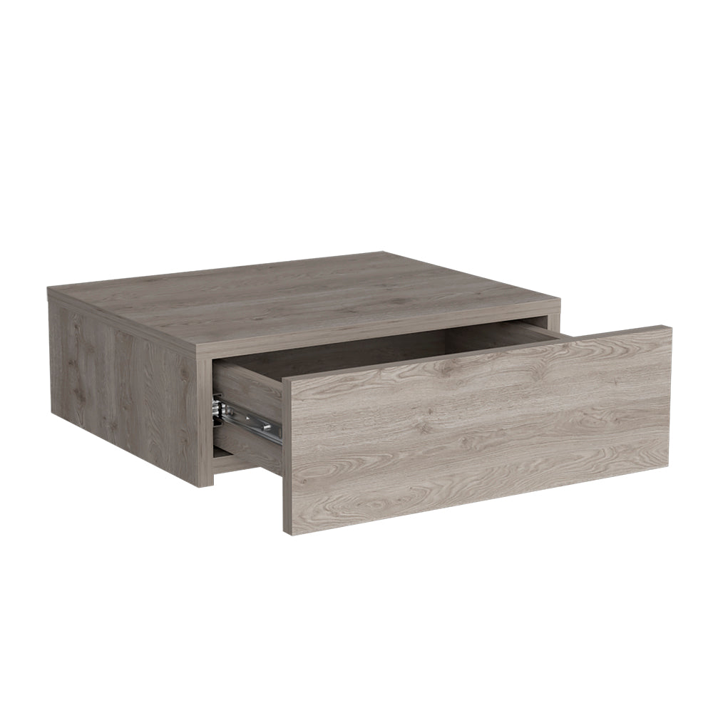 Gray wood grain floating nightstand with one open drawer and metal slides
