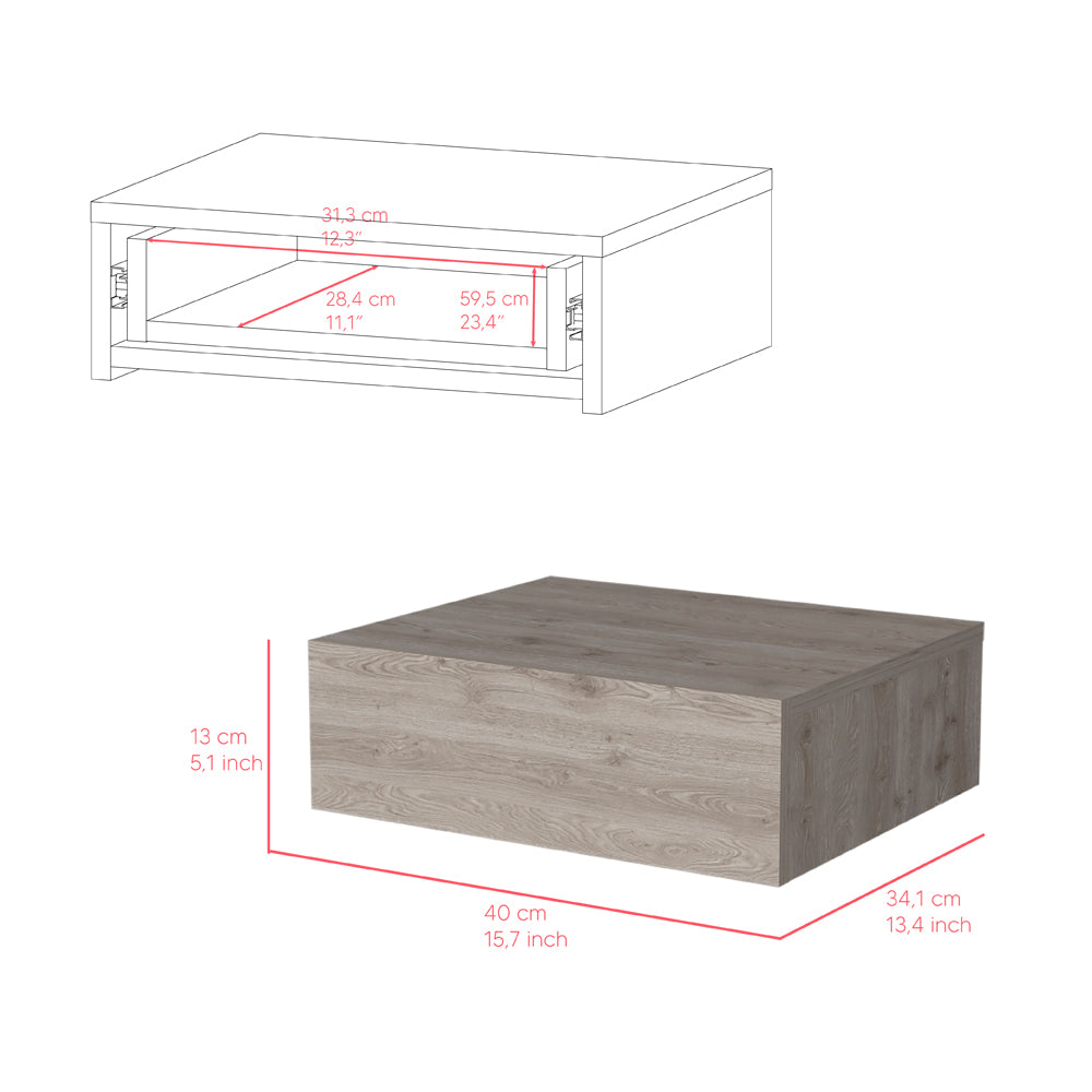 Grey wood effect modern coffee table with open shelf and dimensions