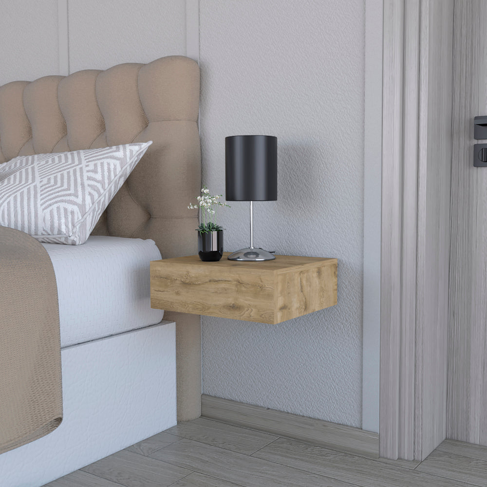 Modern oak floating nightstand with black lamp and plant