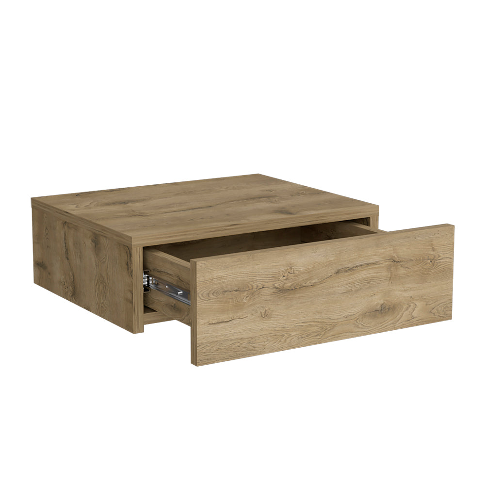 Rustic oak floating nightstand with one open drawer