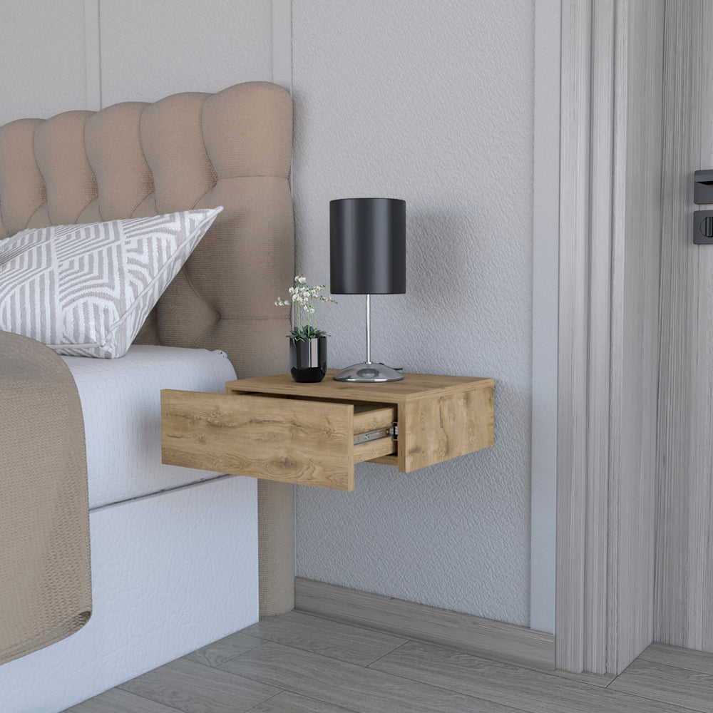 Floating nightstand with open wood grain drawer and black lamp